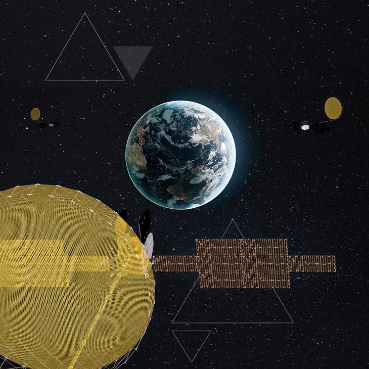 三颗ViaSat-3卫星从太空俯瞰地球的全球星座